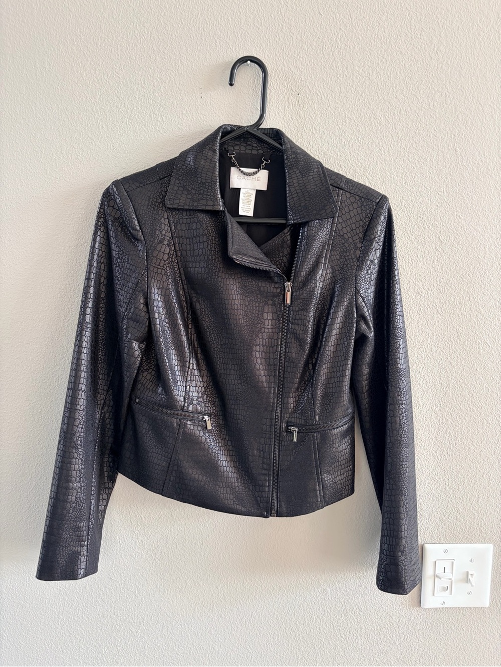 Cache Black Croc-Embossed Faux Leather Jacket Size 4